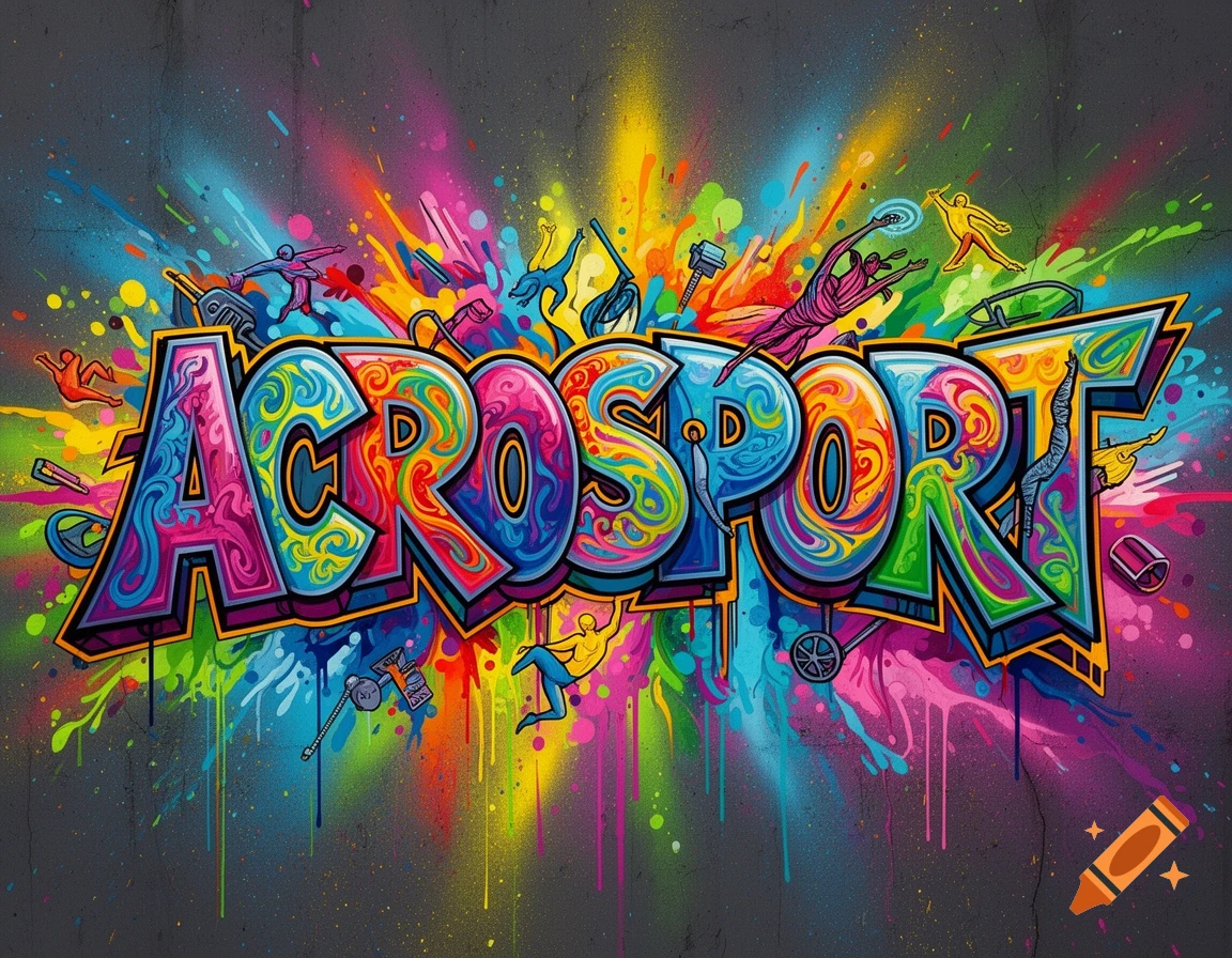 Colorful graffiti art spells "ACROSPORT" with abstract designs and small figures performing acrobatic poses, splattered on a dark textured wall.