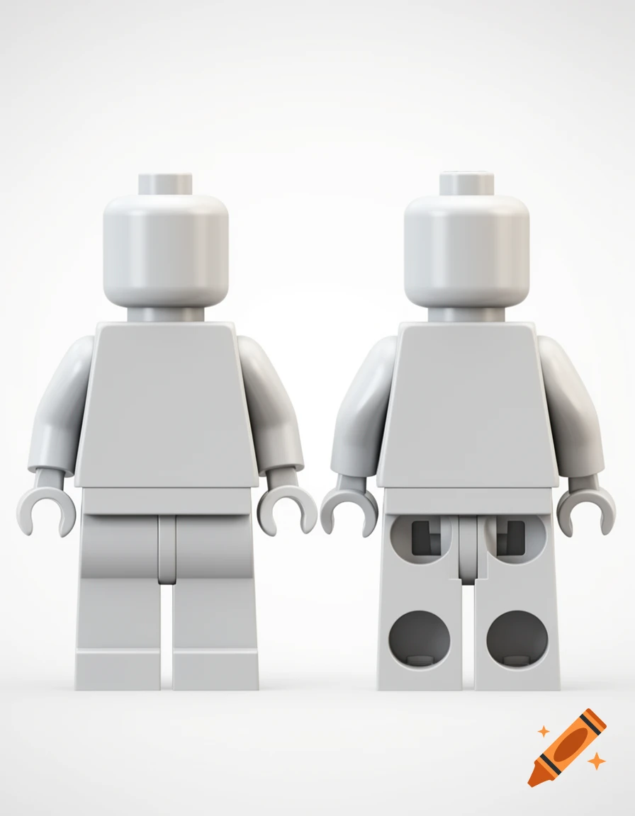 Two blank gray Lego minifigures stand side by side on a white background, one facing forward and one facing backward.