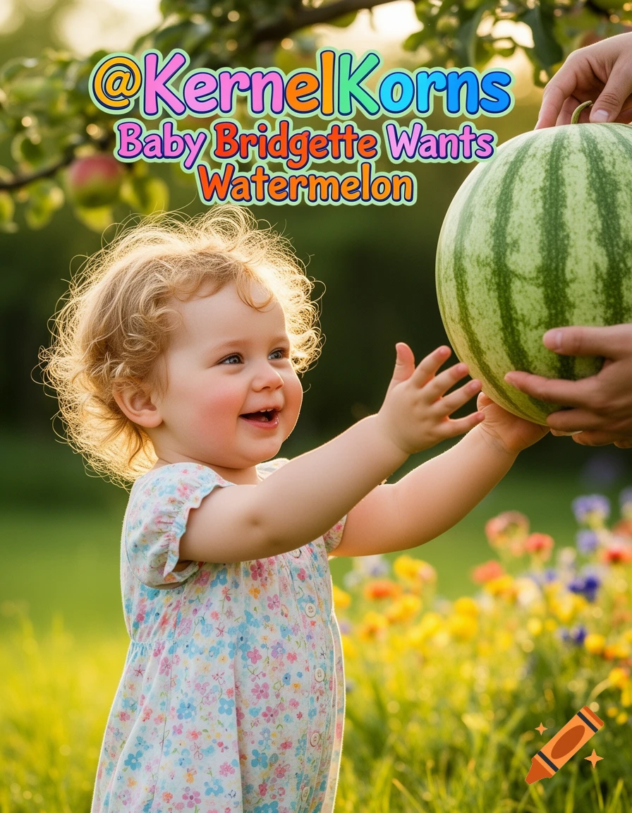 A smiling baby with curly hair reaches for a watermelon held by an adult's hands in a sunny outdoor setting with flowers.