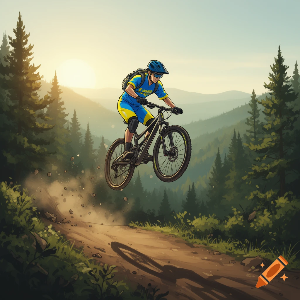 A stylized illustration of a mountain biker in blue and yellow gear airborne on a dirt trail over a forest at sunset.