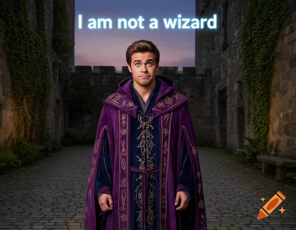 A man resembling Zac Efron in a purple wizard robe with glowing text "I am not a wizard" above his head in a castle courtyard.