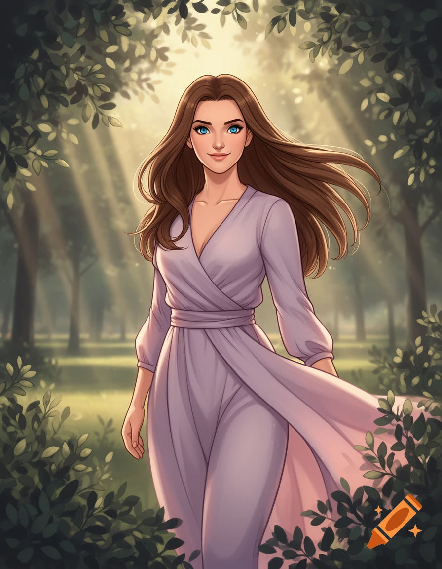 An illustration of a woman with long brown hair and blue eyes, wearing a light purple dress, standing in a sunlit forest.