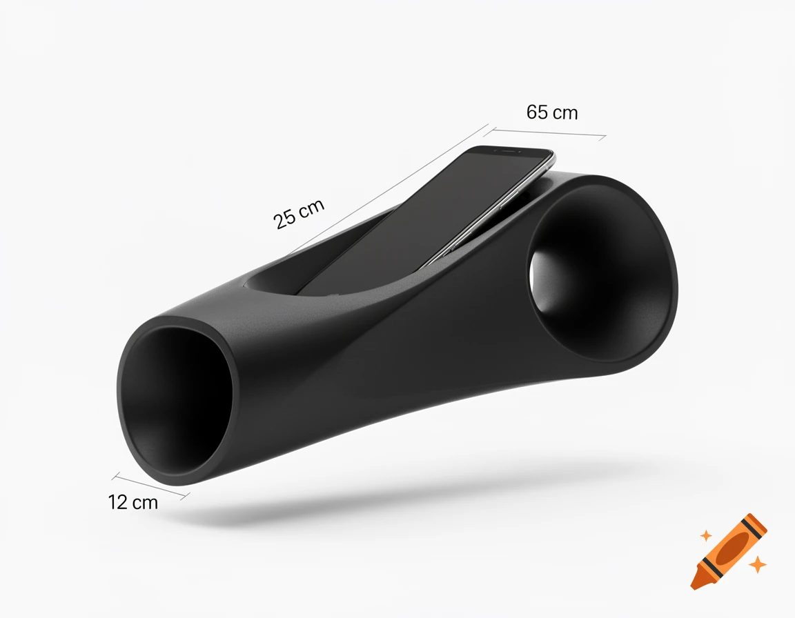 A sleek, matte black passive smartphone amplifier with a phone docked. Technical annotations show lengths of 25 cm and 12 cm, with an incorrect 65 cm also visible.
