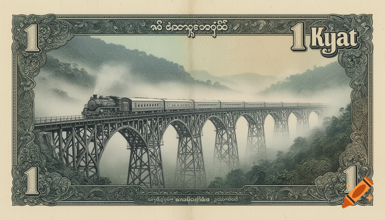 A vintage-style 1 Kyat Myanmar banknote featuring a steam train crossing a long, arched viaduct over a misty valley, surrounded by ornate borders.