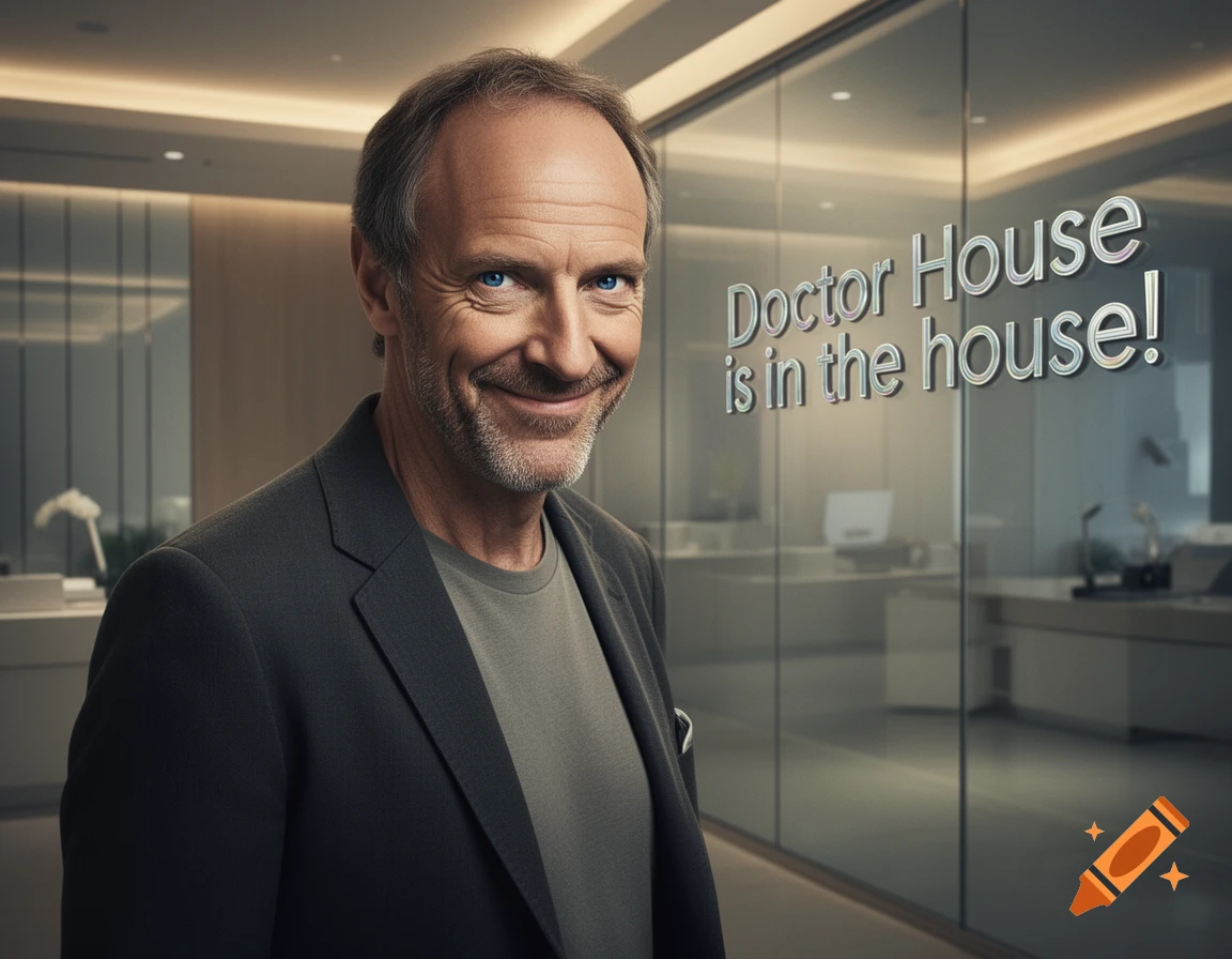 A smiling man resembling Dr. House stands in a modern office with "Doctor House is in the house!" on a glass wall.