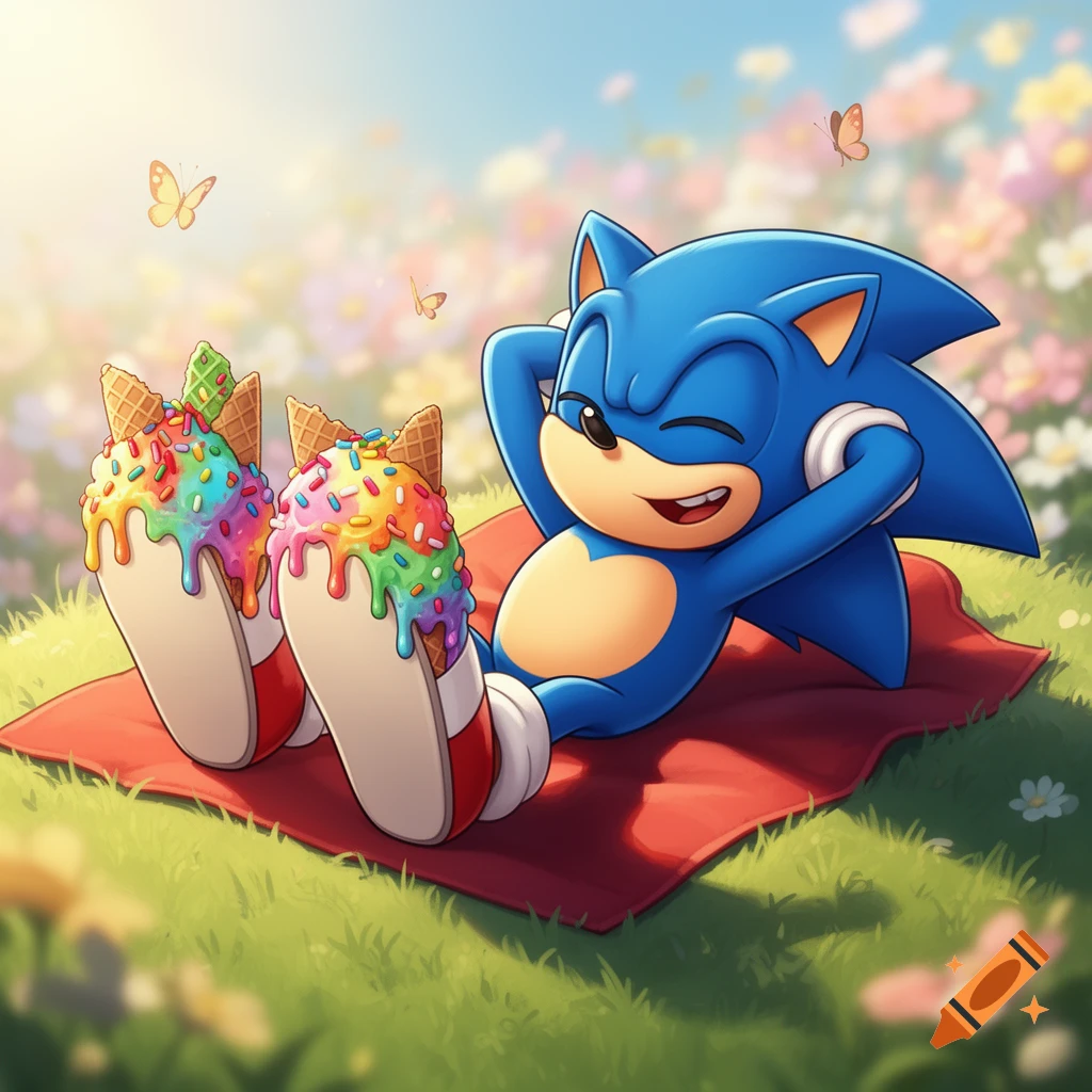 Cartoon Sonic the Hedgehog relaxing on a red blanket in a flower field, his feet covered in melting colorful ice cream cones.