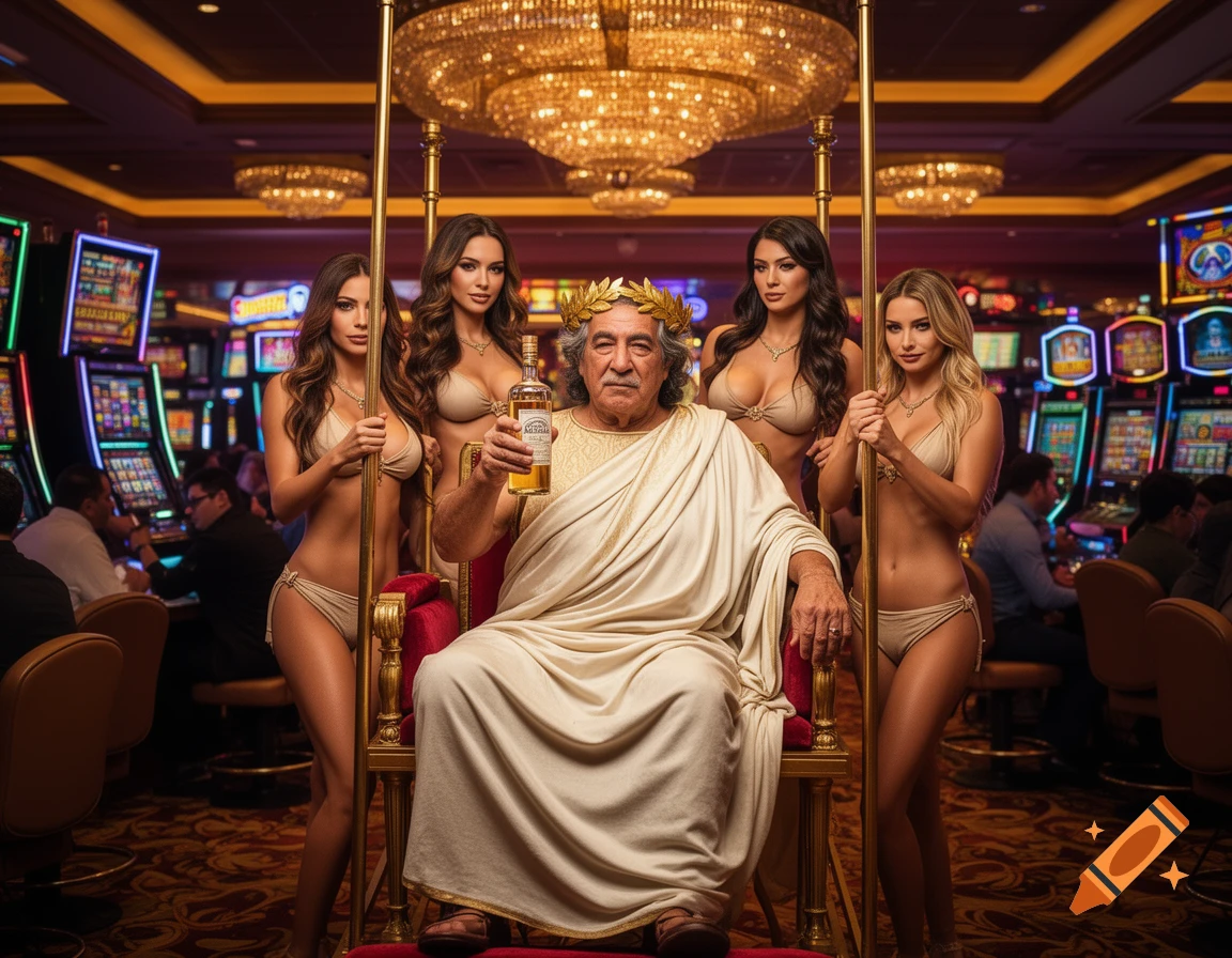 A man in a Roman emperor costume, holding a bottle of mezcal, sits on a luxurious chair in a casino, flanked by four women in bikinis.