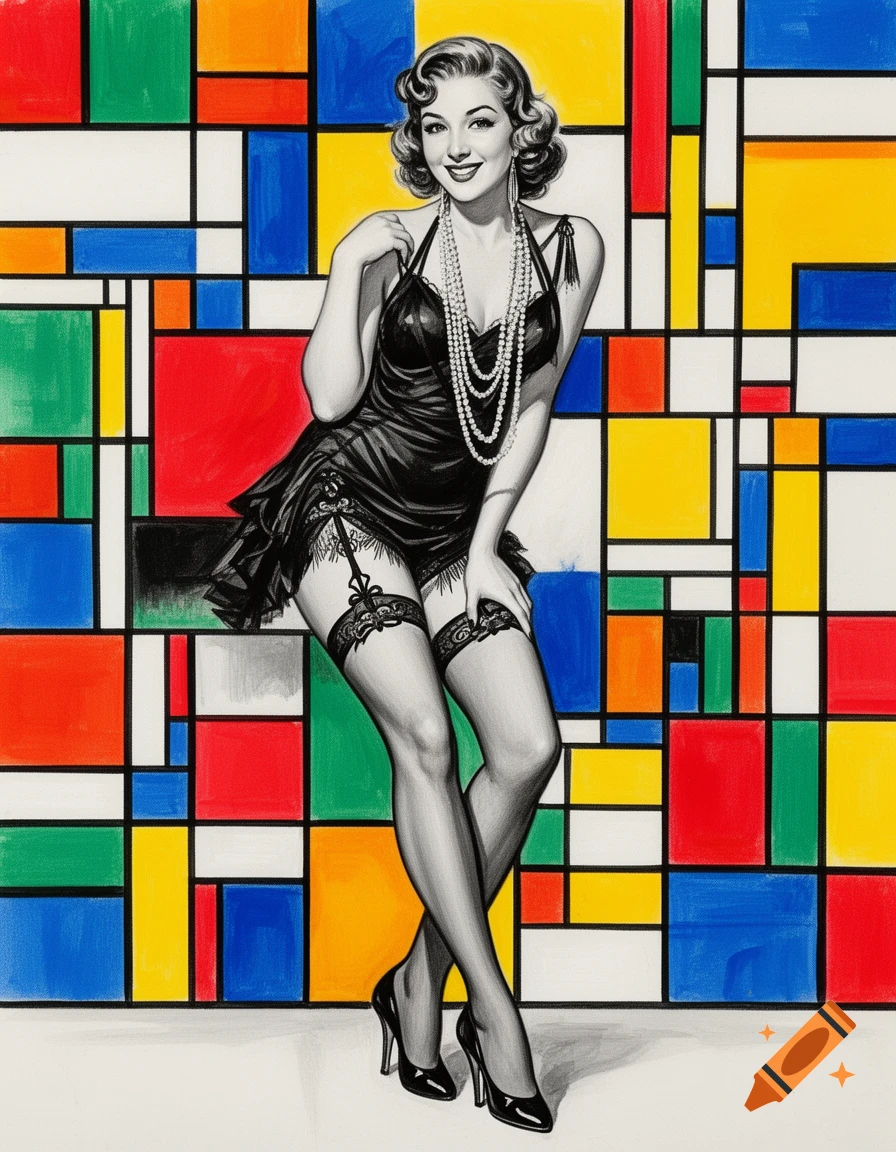 Smiling woman in black lingerie, stockings, and pearls, in a pin-up pose against a colorful abstract Mondrian background.