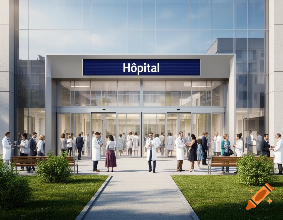 Photorealistic image of a modern hospital facade with a 'Hôpital' sign, with people standing outside the glass entrance.