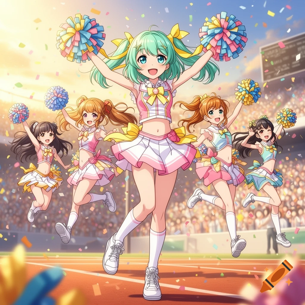 Five anime cheerleaders in colorful outfits jump and cheer on a track field with confetti and a stadium crowd.
