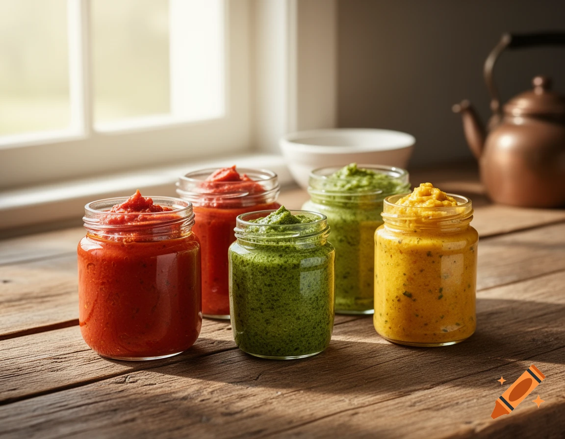 Four glass jars with red, green, and yellow vegetable spreads on a rustic wooden table by a sunlit window.