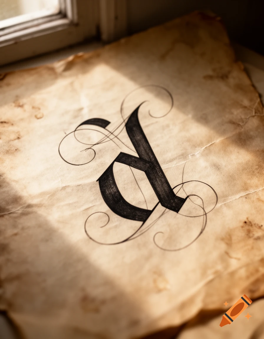 Close-up of a calligraphic black letter 'd' on a wrinkled, sepia-toned paper, illuminated by sunlight from a window.