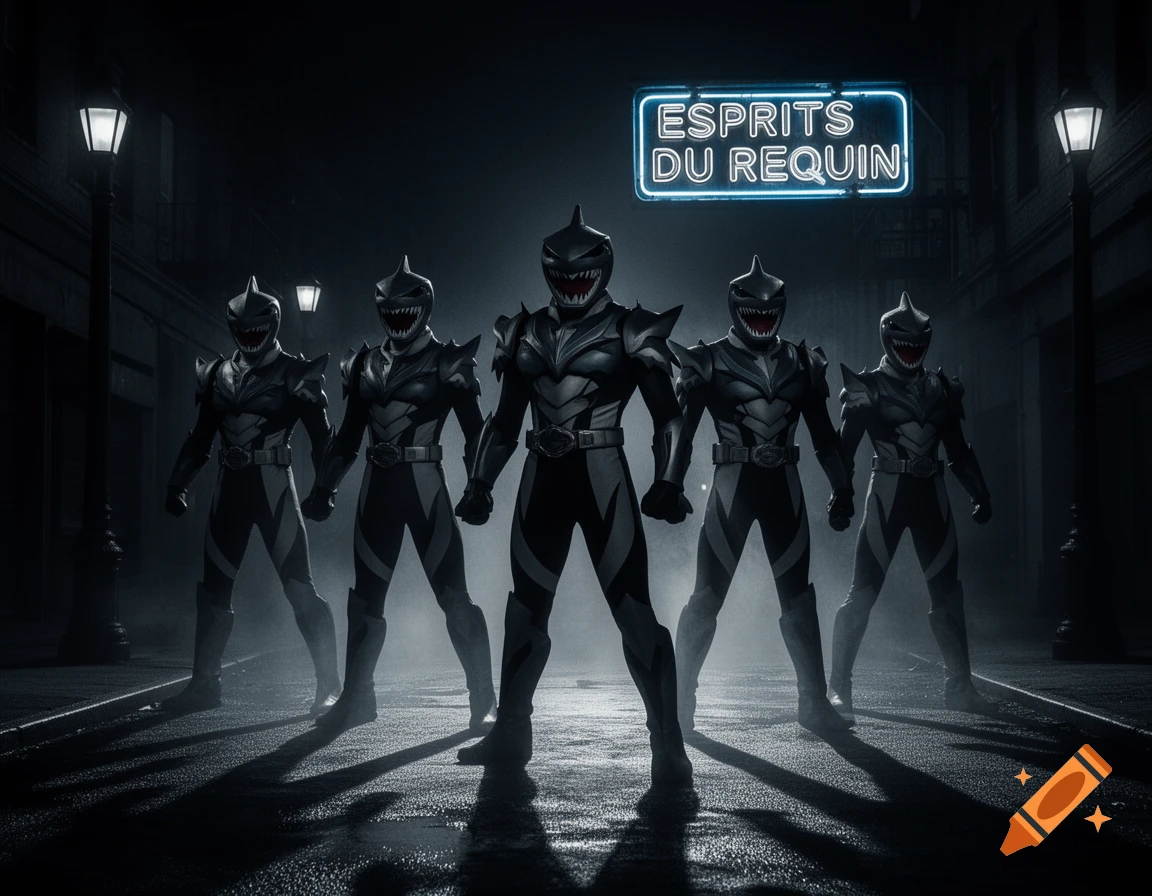 Five dark Power Ranger-like figures with shark helmets stand on a wet street at night under a neon sign that reads 'ESPRITS DU REQUIN'.