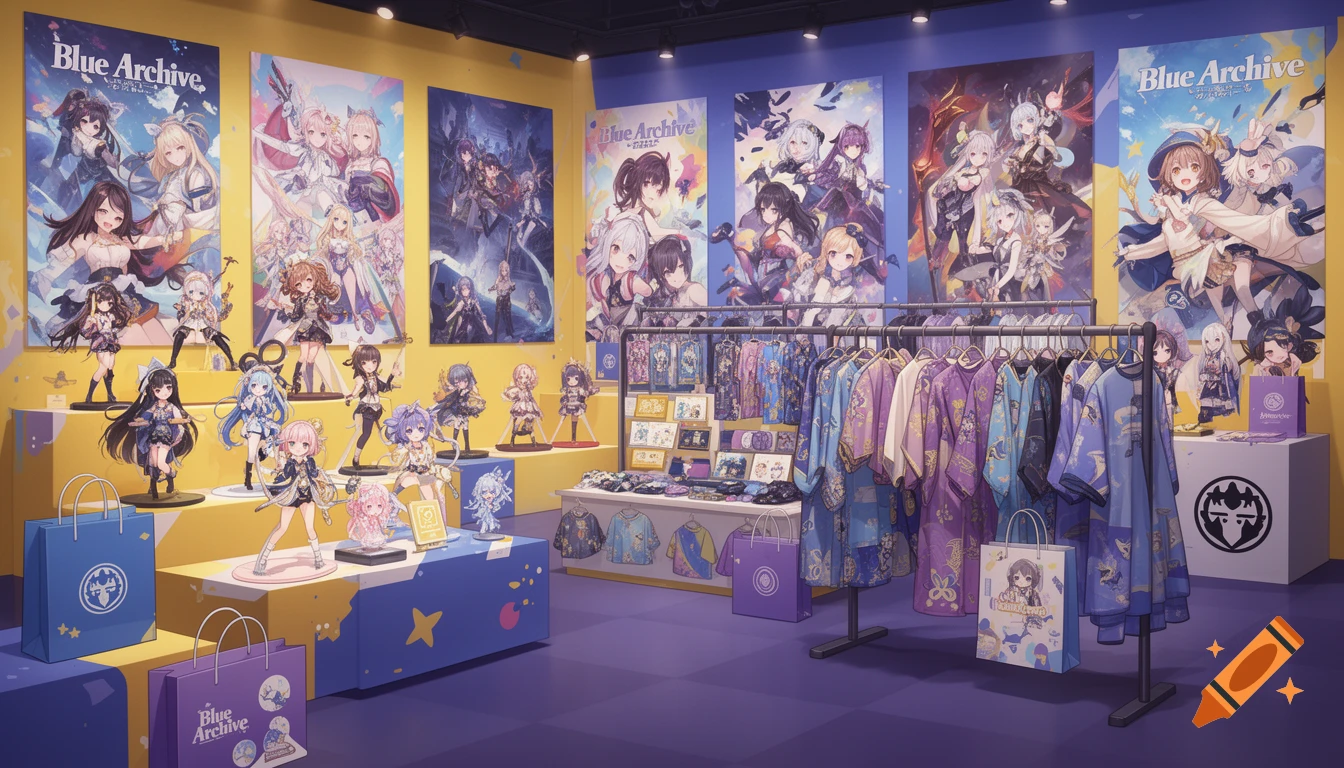 Vibrant anime-style game merchandise store with Blue Archive character figures, posters, clothing, and shopping bags.