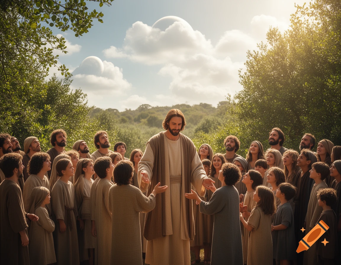 Photorealistic image of Jesus in robes, speaking to a large crowd of men, women, and children in a sunlit outdoor clearing.
