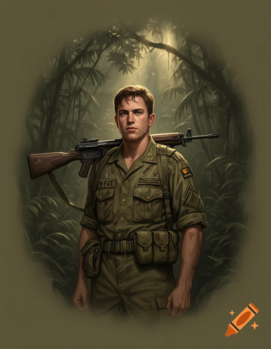 A detailed drawing of an Australian soldier in a Vietnam-era uniform, with an FN-FAL rifle slung over his shoulder, standing in a jungle.