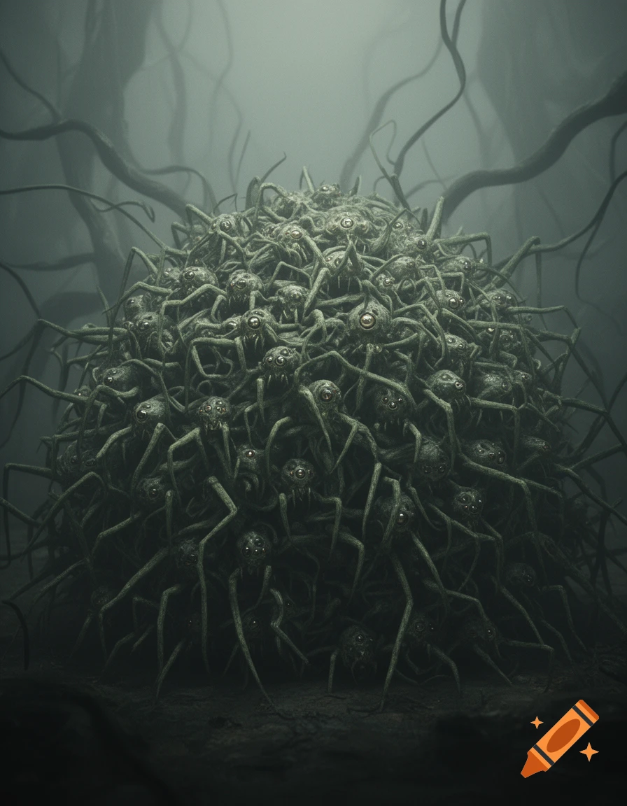 A huge, swarming pile of green and gray spider-like creatures with many eyes and limbs in a dark, misty environment.