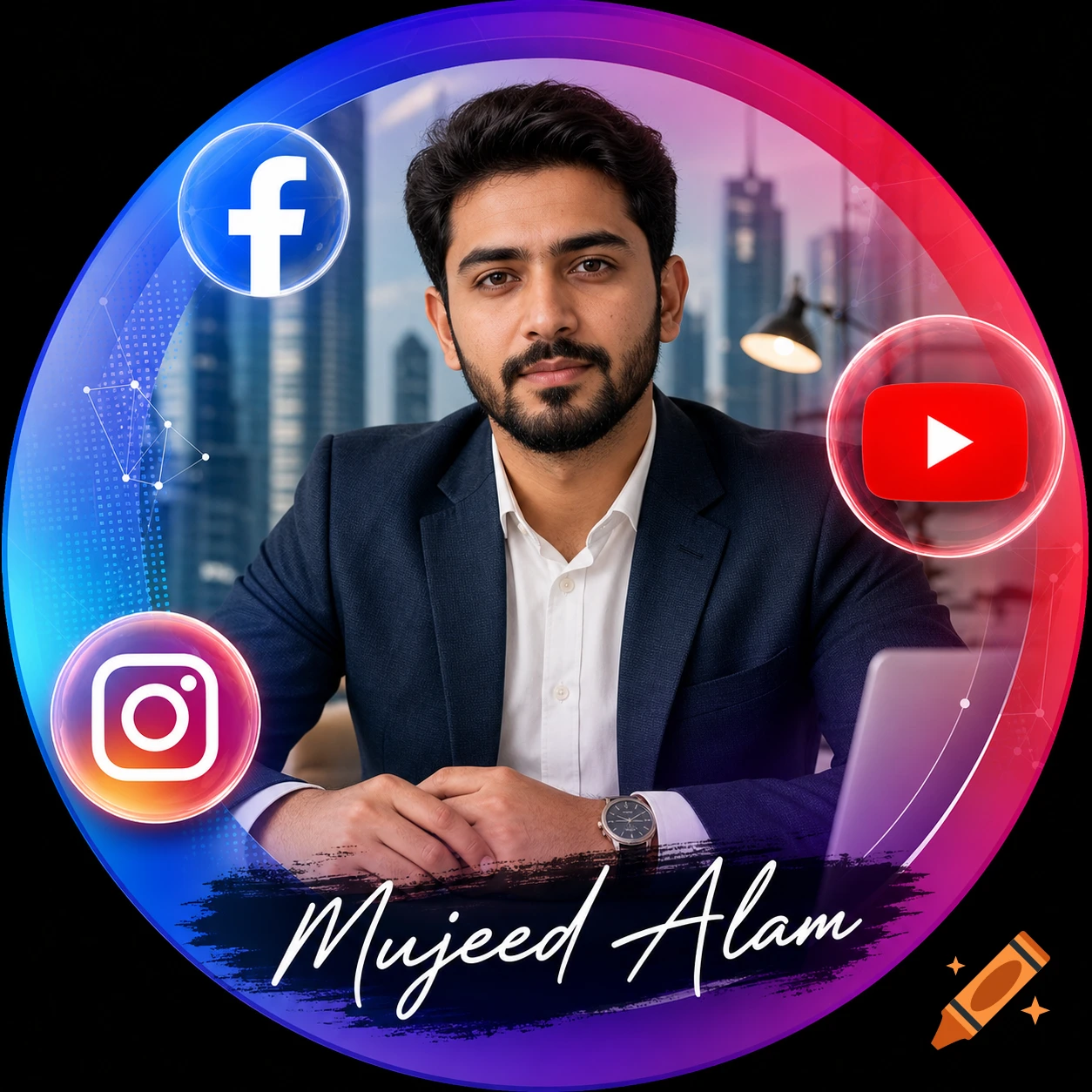 A photorealistic portrait of a man in a suit, sitting at a desk, framed by a colorful circle with Facebook, Instagram, and YouTube logos, and the name "Mujeed Alam".