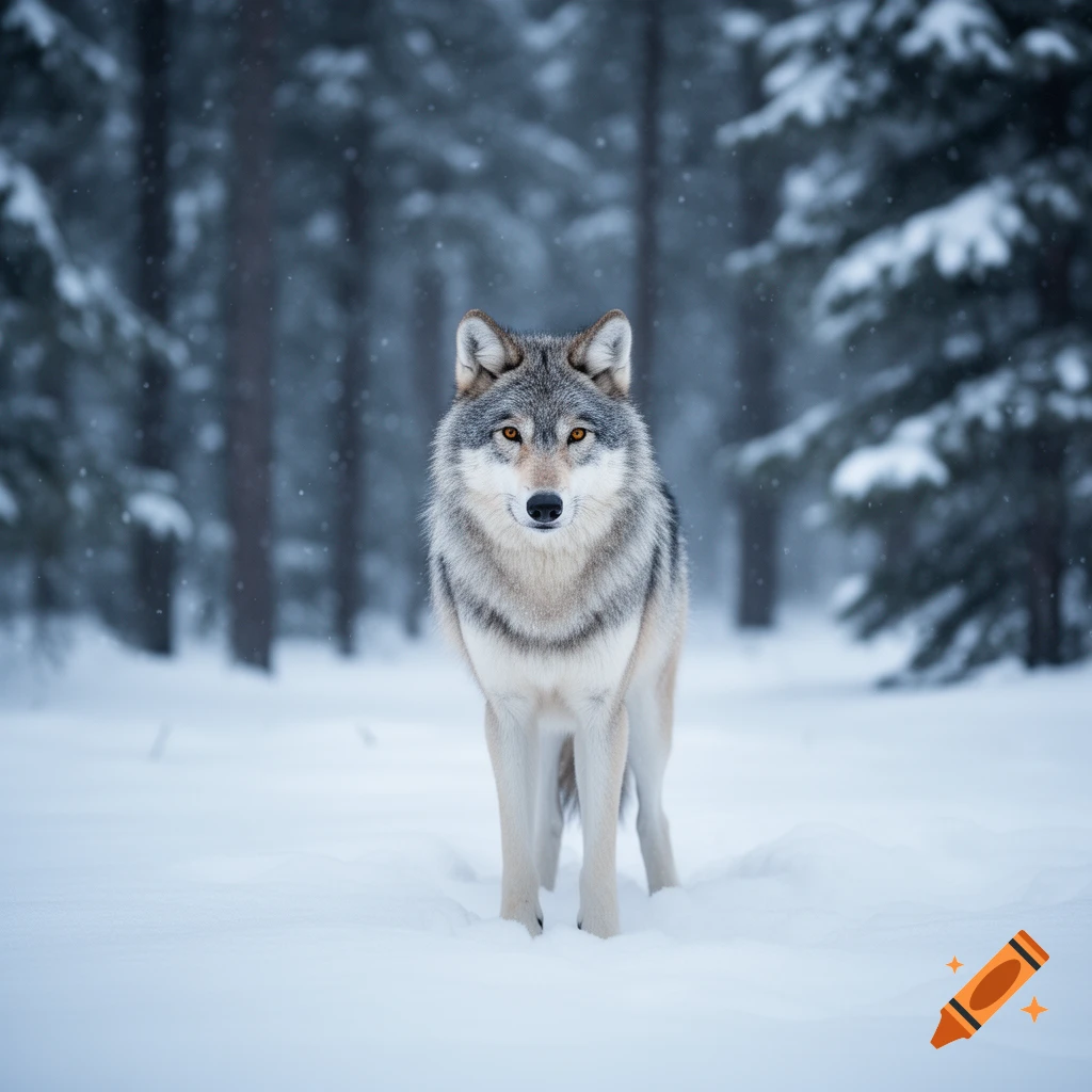 A grey wolf with amber eyes stands in a snowy forest with falling snow.