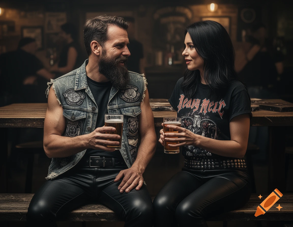 A man with a beard in a patched denim vest and a woman in a heavy metal t-shirt and leather pants sit on a bench in a dimly lit bar, holding beers and talking.