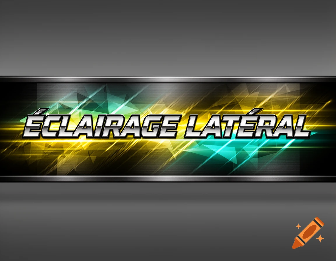 Metallic silver text 'ÉCLAIRAGE LATÉRAL' on a dark banner with a glowing yellow and teal abstract geometric background.