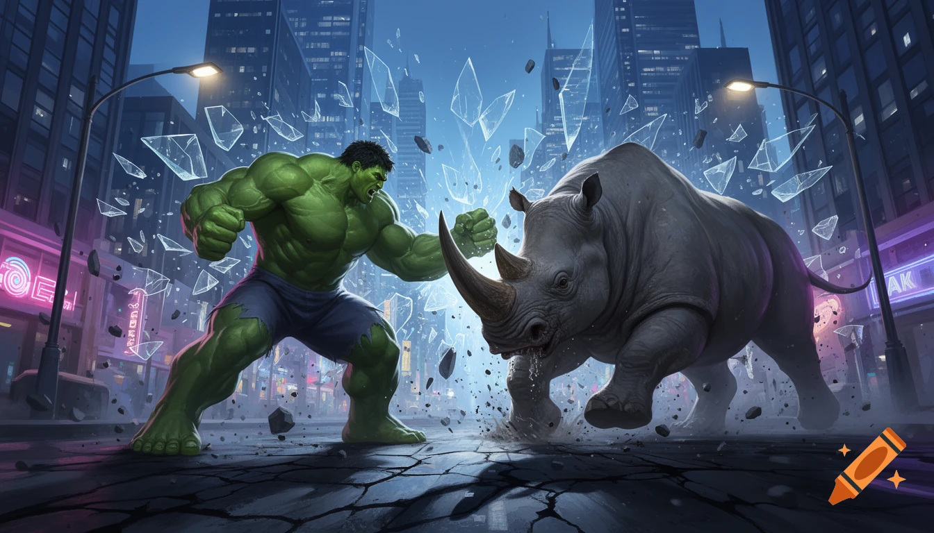 Hulk fighting a rhinoceros in a chaotic cityscape at night, with glass shards and debris flying.