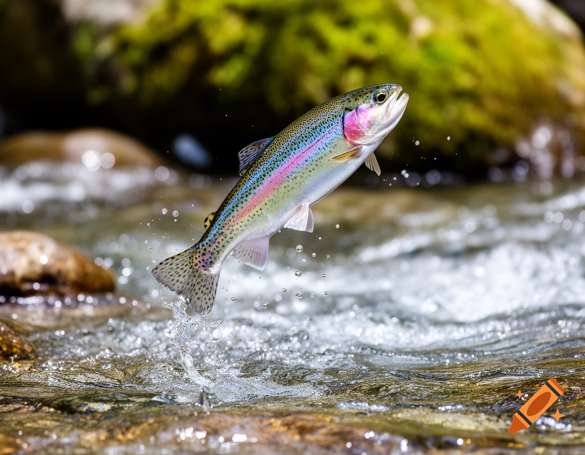 A colorful rainbow trout leaps from a clear stream, scattering water droplets with a green, mossy background.