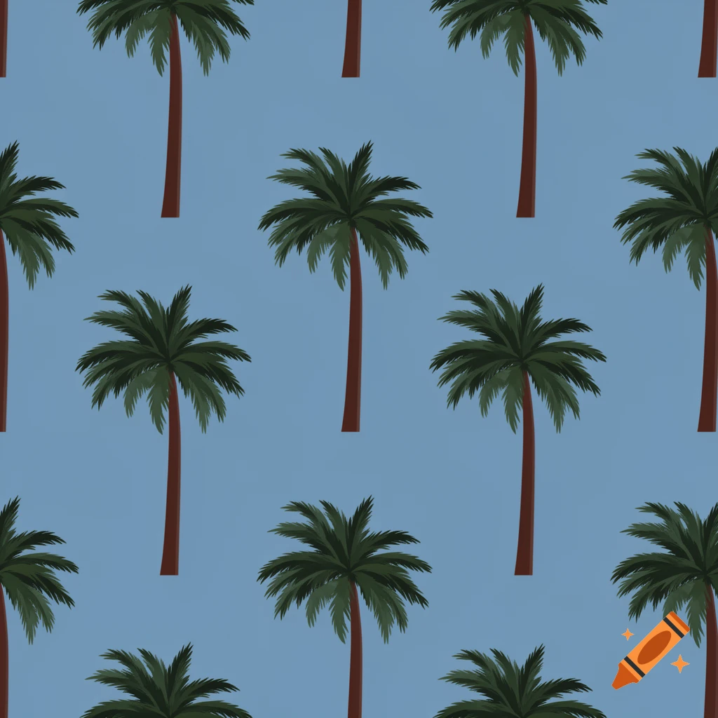 Seamless pattern of cartoon palm trees with green fronds and brown trunks on a muted light blue background.