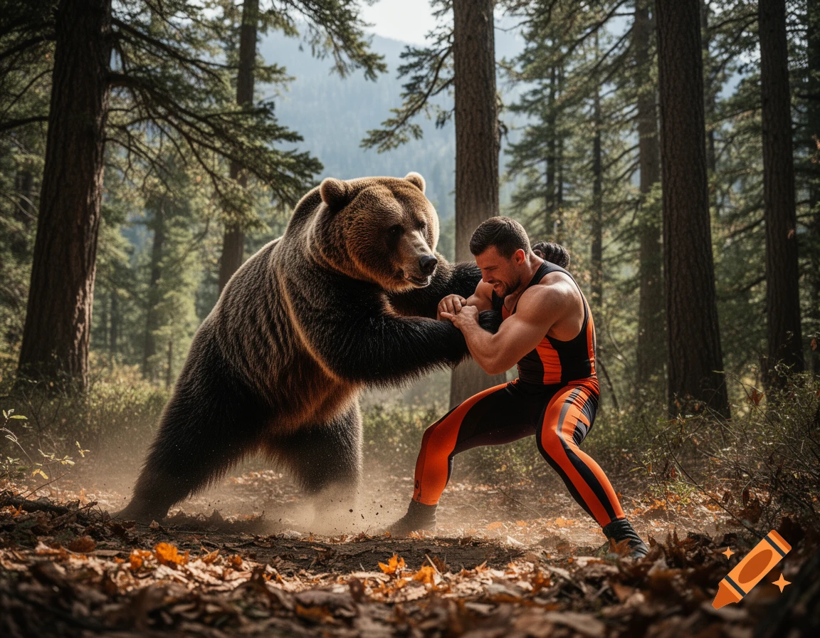 A muscular man in an orange and black wrestling singlet grapples with a large brown bear in a sunlit forest.
