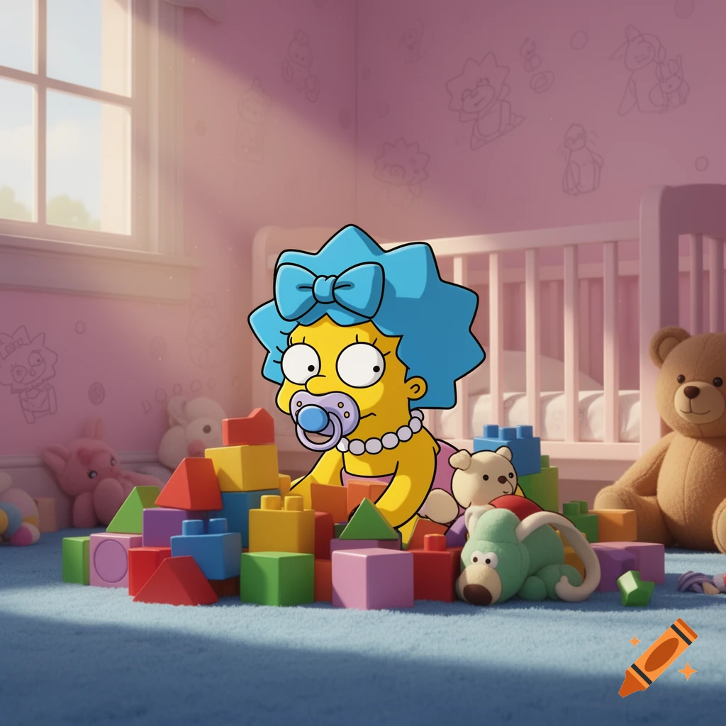 A baby character resembling Marge Simpson, with blue hair and a pacifier, crawls among colorful blocks in a sunlit nursery.