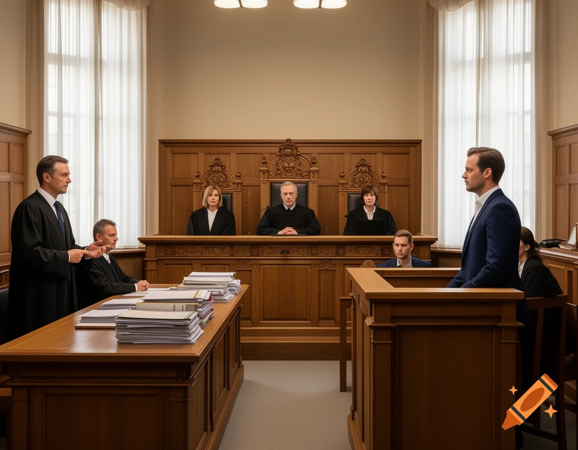 A photorealistic image of a legal court process in a wooden courtroom, with a lawyer addressing the court, judges, and other participants.