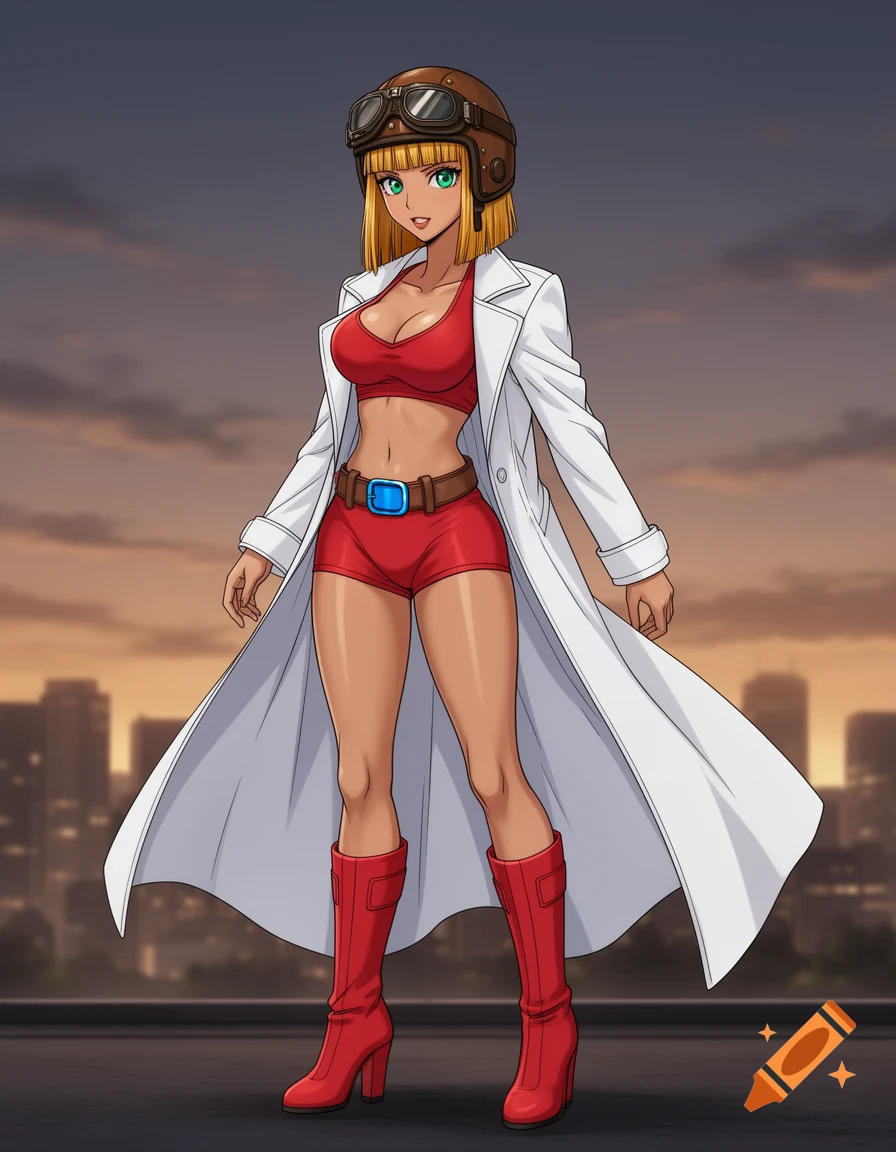 A tan anime girl with blonde hair, green eyes, wearing a pilot helmet, white lab coat, red sports bra, red shorts, and red boots, standing against a city skyline at dusk.