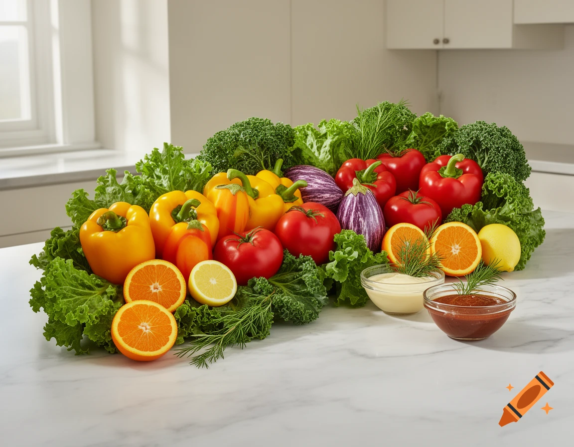 A vibrant display of fresh vegetables and fruits, including bell peppers, tomatoes, kale, lettuce, eggplant, oranges, and lemons, on a kitchen counter.