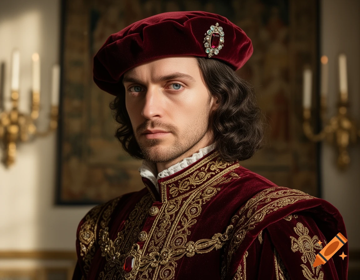 Photorealistic portrait of a man with dark curly hair and blue eyes, wearing a red velvet beret with a jewel and a richly embroidered red velvet coat.