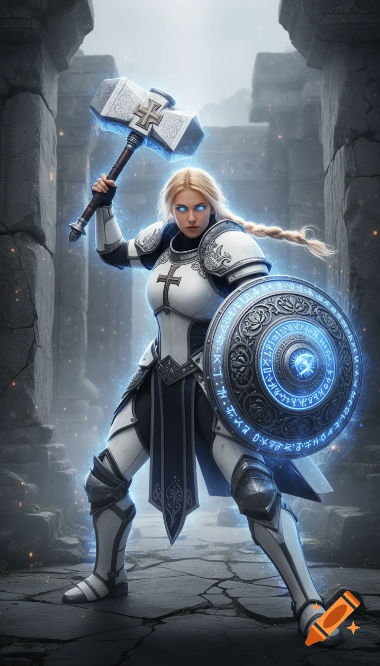 Full-body portrait of a female paladin in white and silver armor, holding a glowing warhammer and shield, standing in ancient ruins.