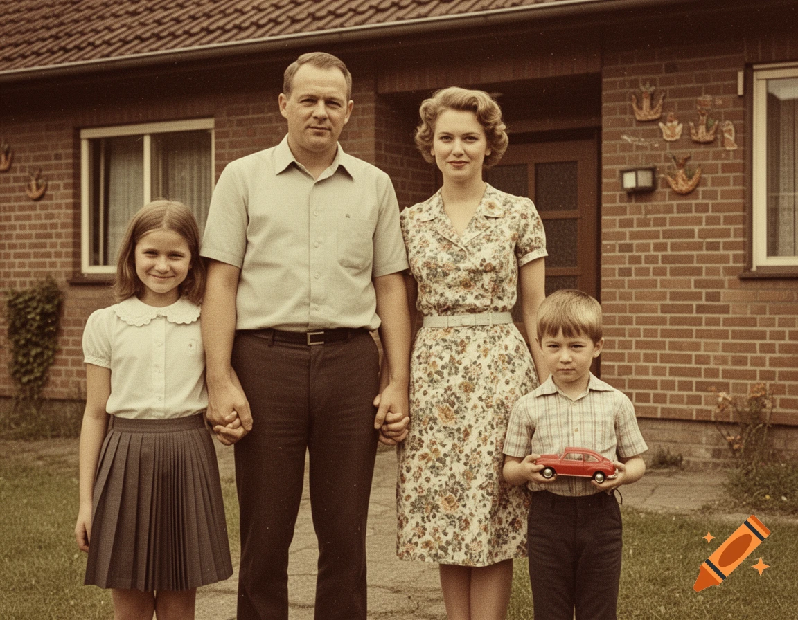 A vintage family portrait of a mother, father, daughter, and son holding hands in front of a brick house.