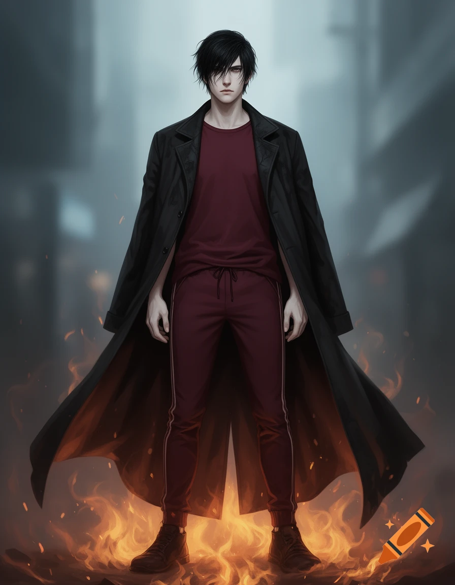 A stylized anime-style young man with black hair in a black trench coat stands amidst a ring of flames in a dark urban setting.