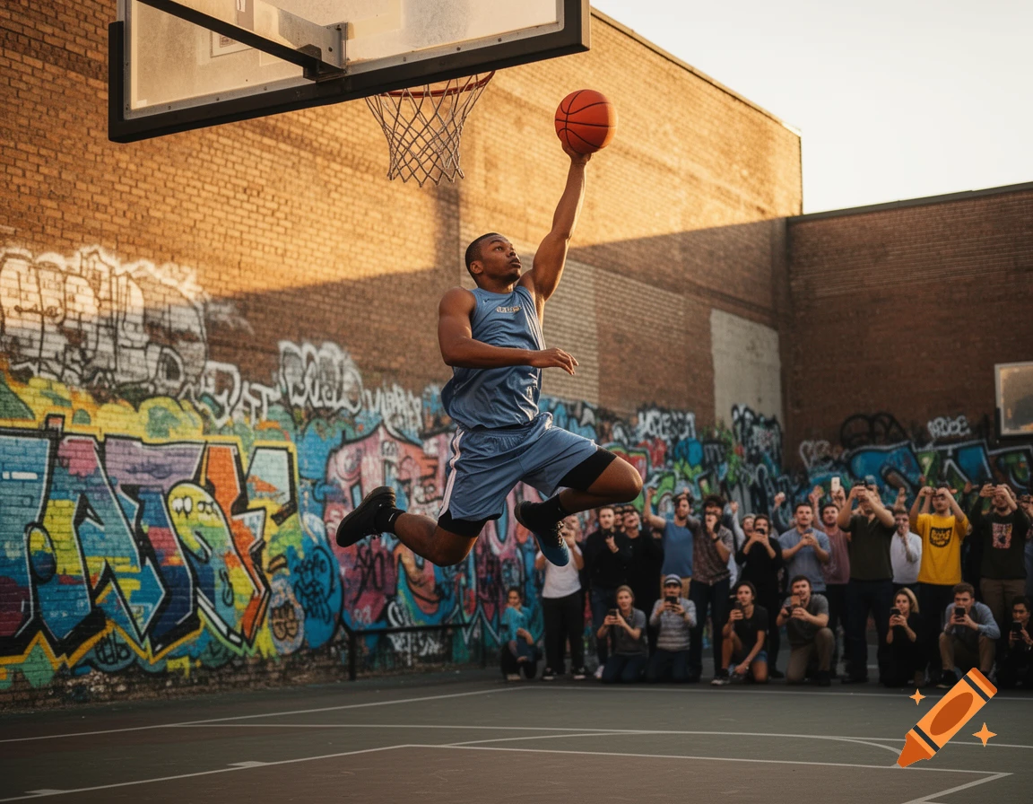 A man in a light blue basketball uniform dunks a basketball on an outdoor court with a brick wall covered in graffiti and a crowd watching.