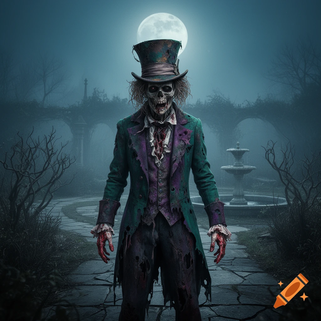 A scary zombie Mad Hatter with a skeletal face and glowing red eyes stands in a dark, misty garden under a full moon, wearing a torn green and purple suit and top hat.