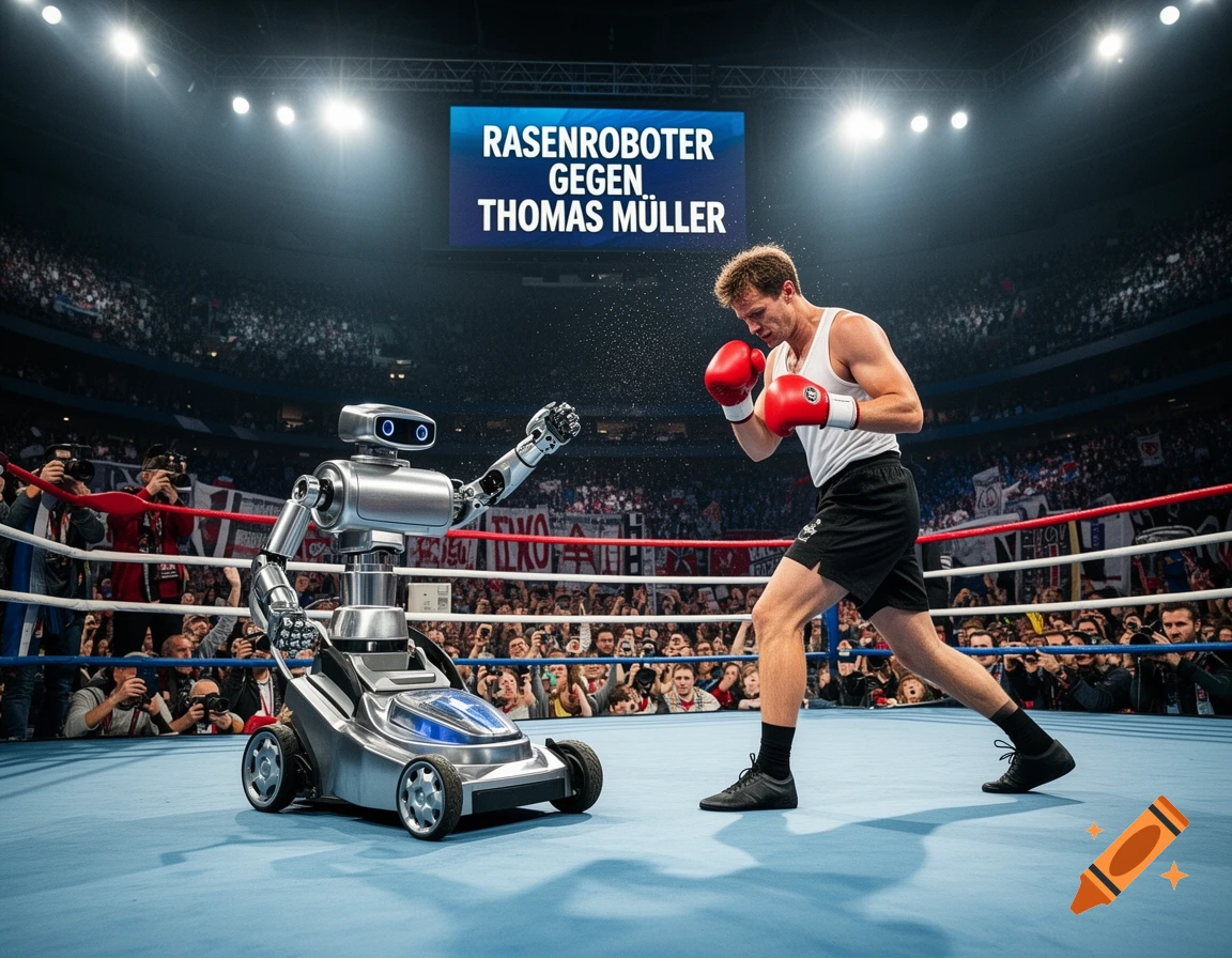 Photorealistic image of a boxing match in a crowded arena, featuring a man in boxing gloves squaring off against a lawn robot.