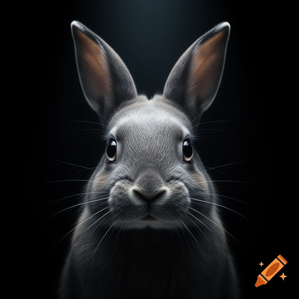 Close-up of a grey rabbit with large, reflective eyes staring intently from a dark background.
