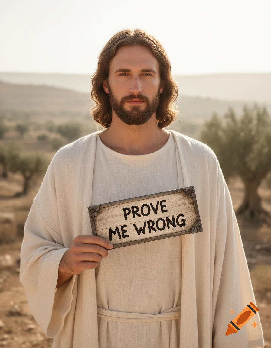 Photorealistic portrait of Jesus with long hair and beard, wearing a white robe, holding a wooden sign that reads "PROVE ME WRONG".