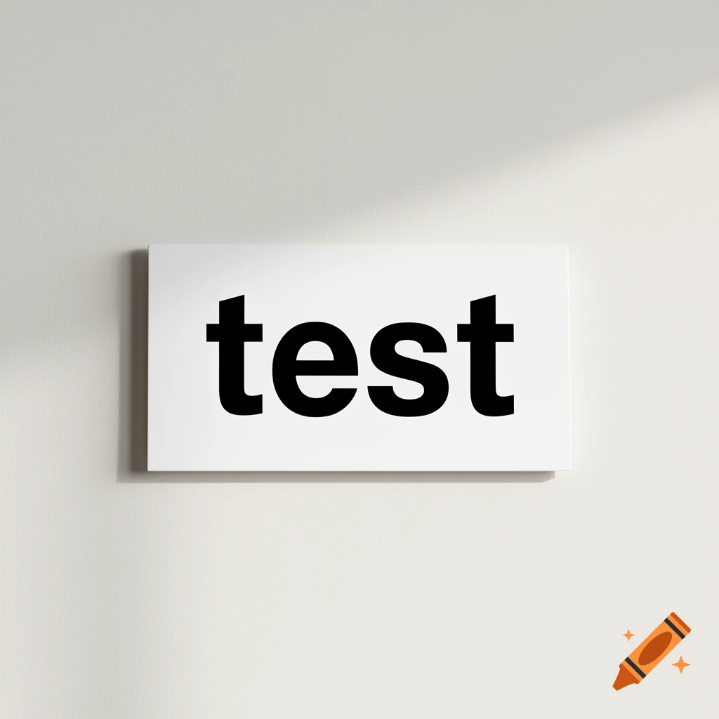 Black word 'test' on a white rectangular sign on a light gray wall.
