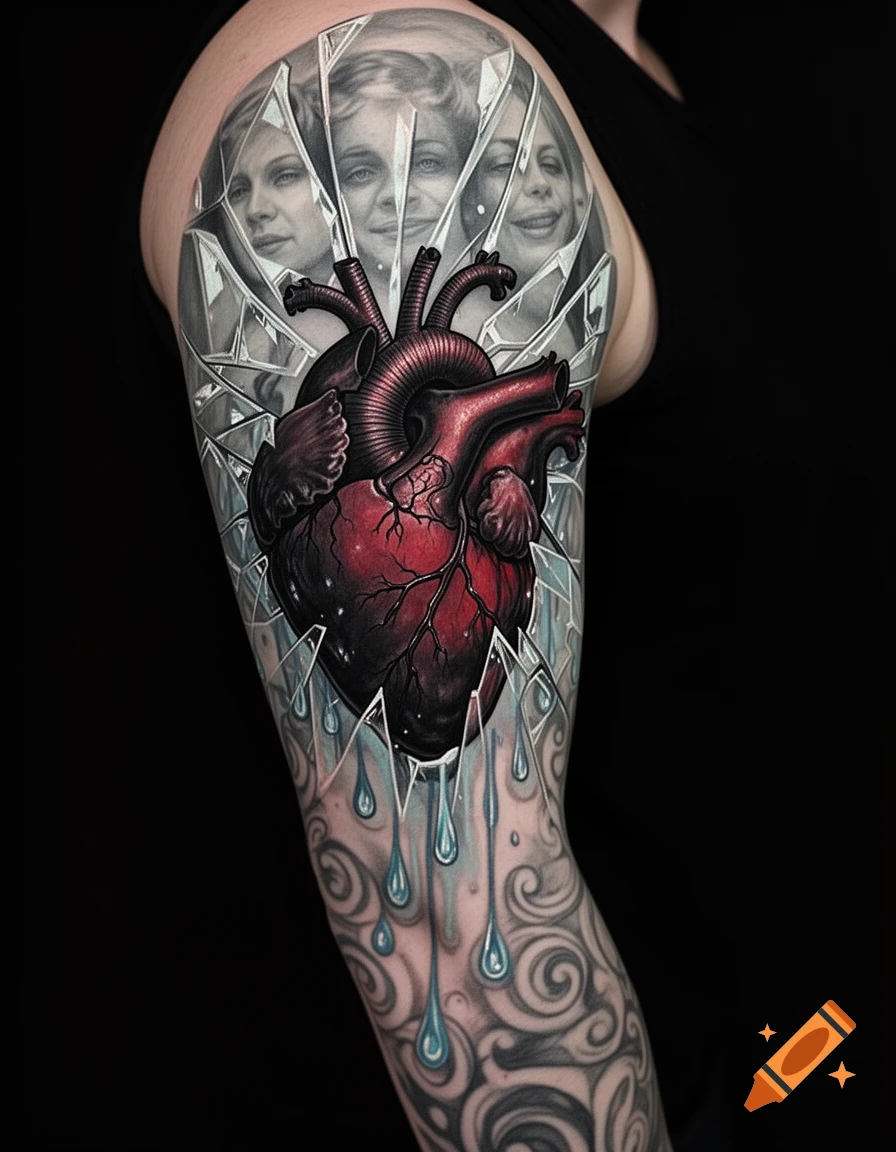 A vibrant tattoo sleeve with a red anatomical heart breaking through shattered glass, reflecting three women's faces, surrounded by dripping blue liquid and swirling patterns.