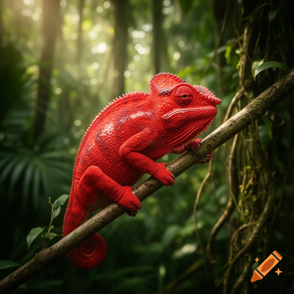 A vibrant red chameleon with textured scales grips a tree branch in a lush, sun-dappled tropical jungle, photorealistic.