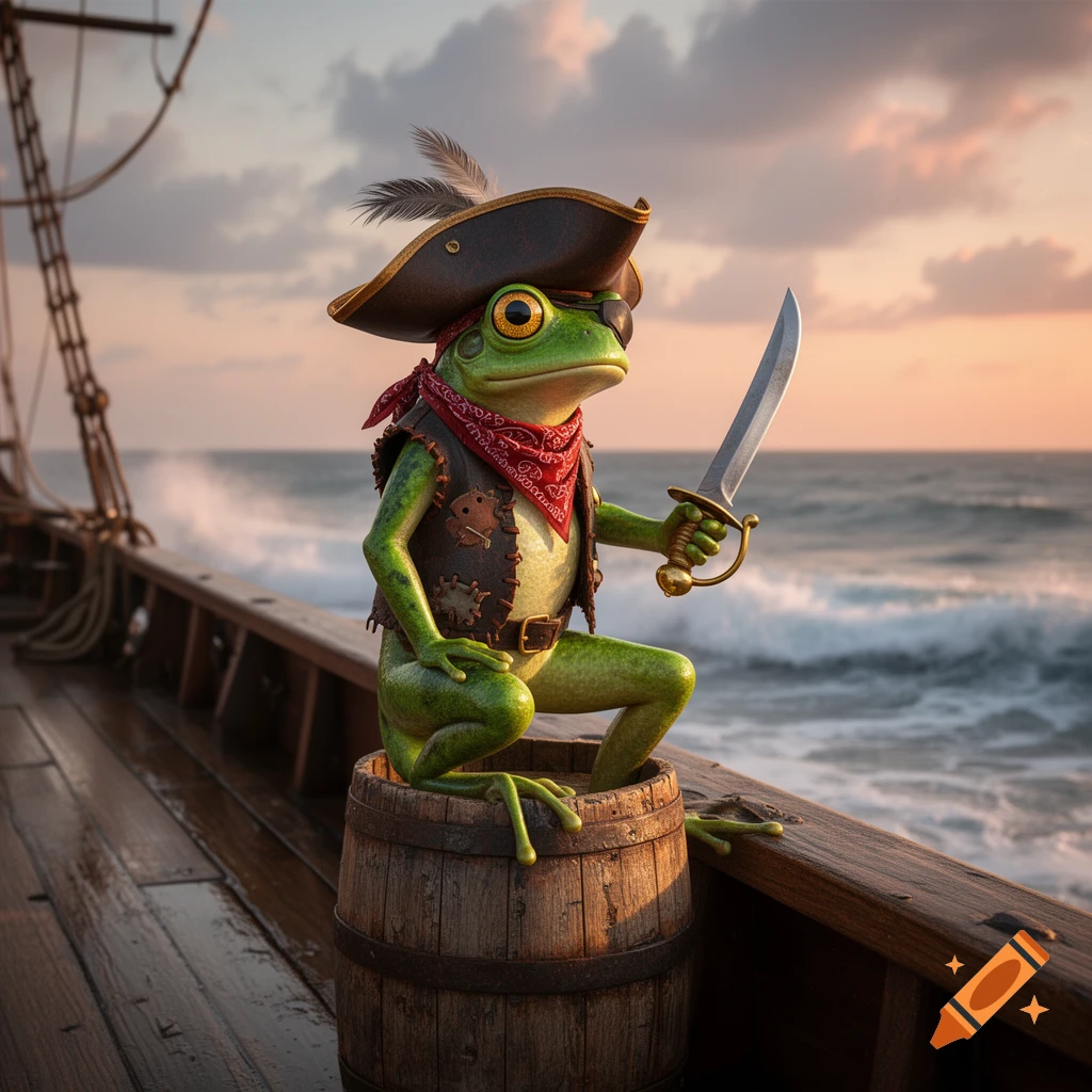 A photorealistic frog pirate wearing a hat, eyepatch, bandana, and vest, stands on a barrel on a ship deck, holding a dagger, overlooking a sunset ocean.
