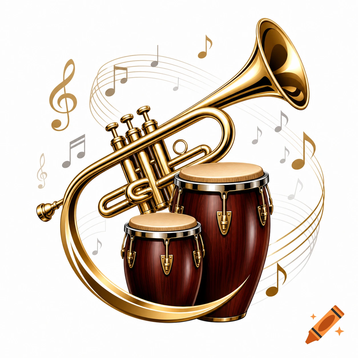 Golden trumpet and two brown conga drums with musical notes and staff lines, illustration.