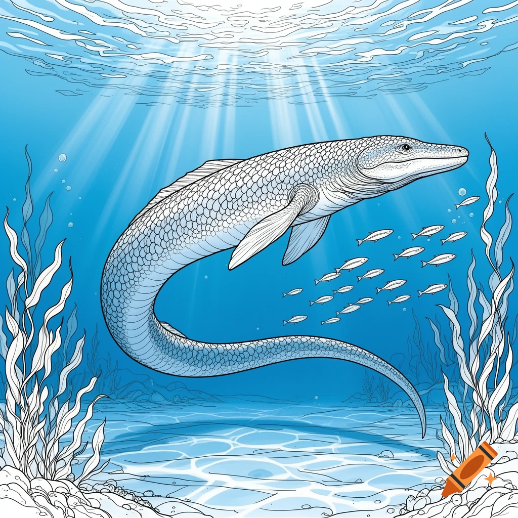 Line art illustration of a large, scaly marine dinosaur swimming in blue ocean water among seaweed and small fish, light rays from above.