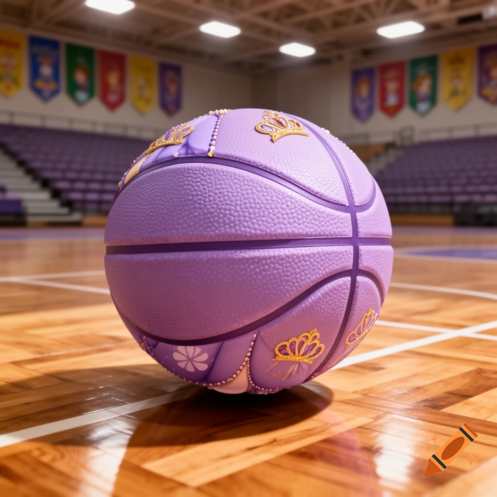 A purple basketball adorned with golden crowns, white flowers, and beads rests on a glossy wooden basketball court.