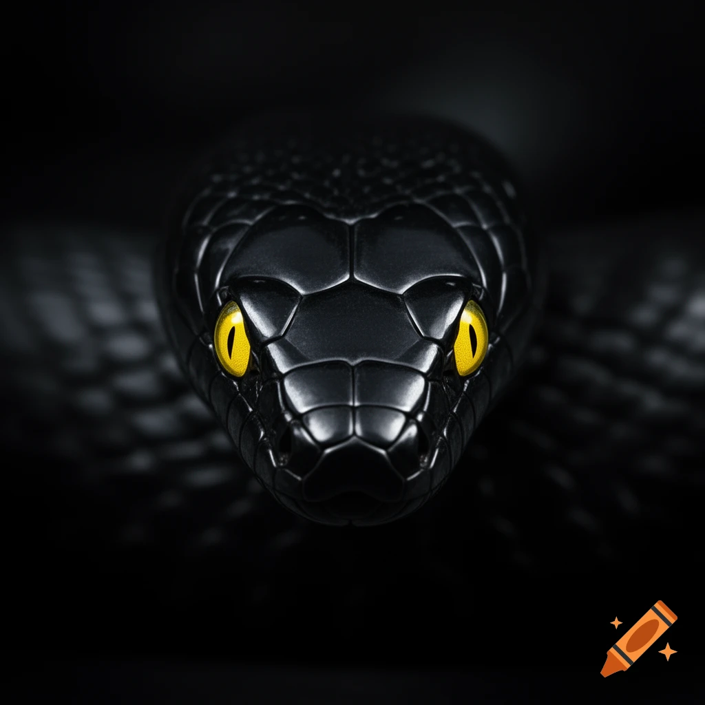 Photorealistic close-up of a black snake's head with piercing yellow eyes on a dark background.